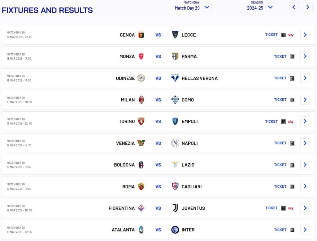 İtaly Seria A 29. Hafta Maç Takvimi